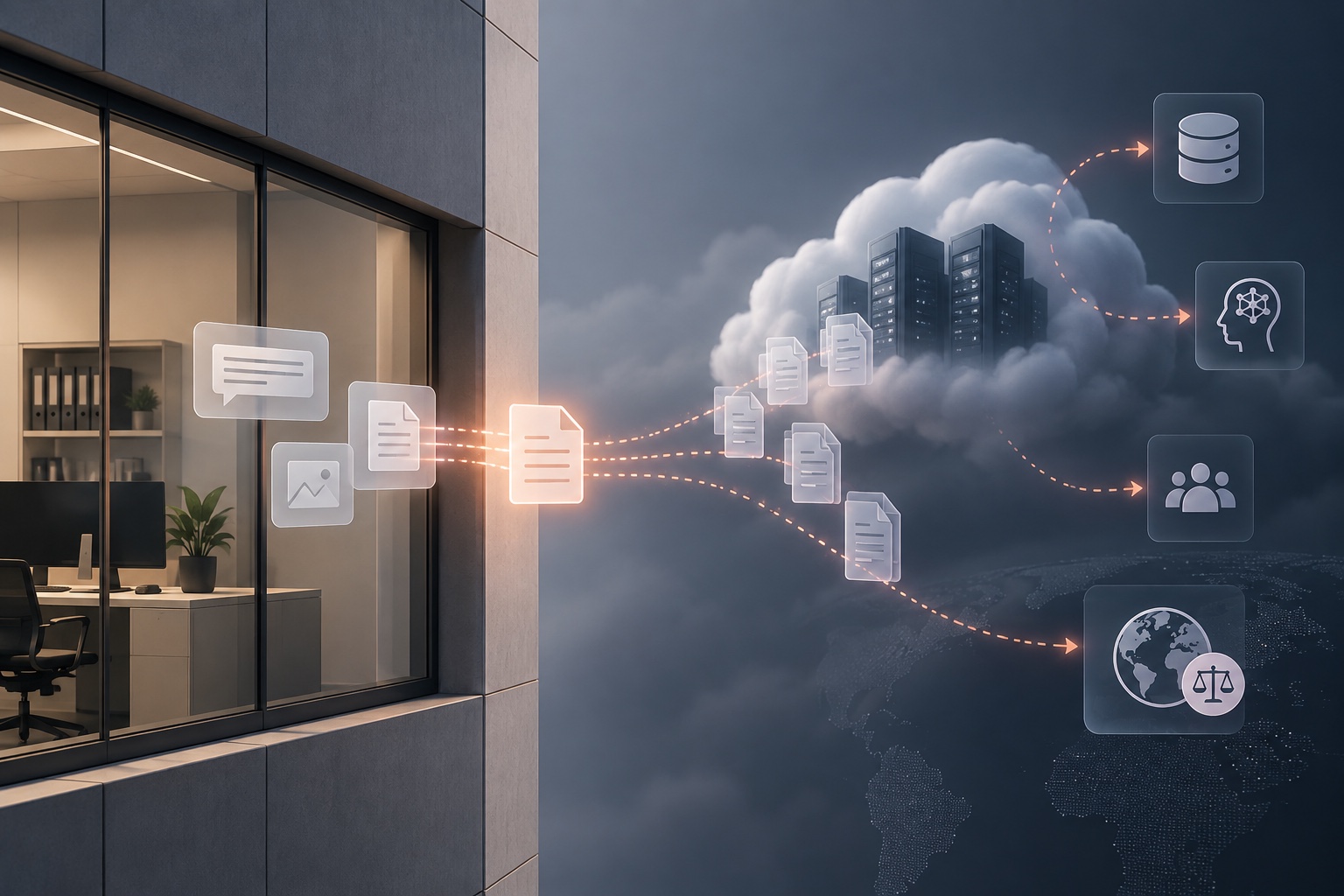 Illustrative scene: documents leave an office and travel to external cloud services.