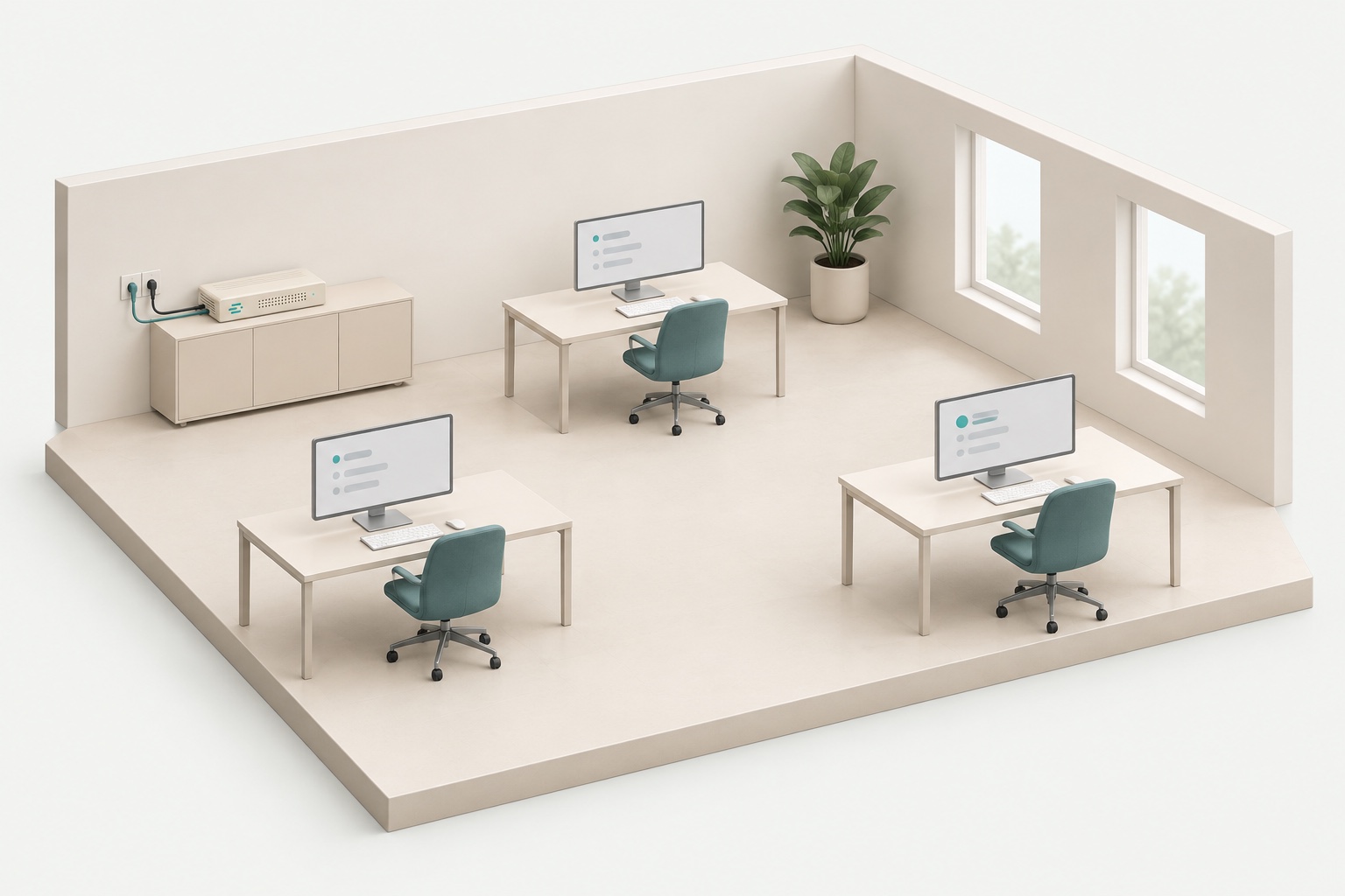 An office with three workstations and a small KI Box on a sideboard. Each workstation uses the AI running on this local device.